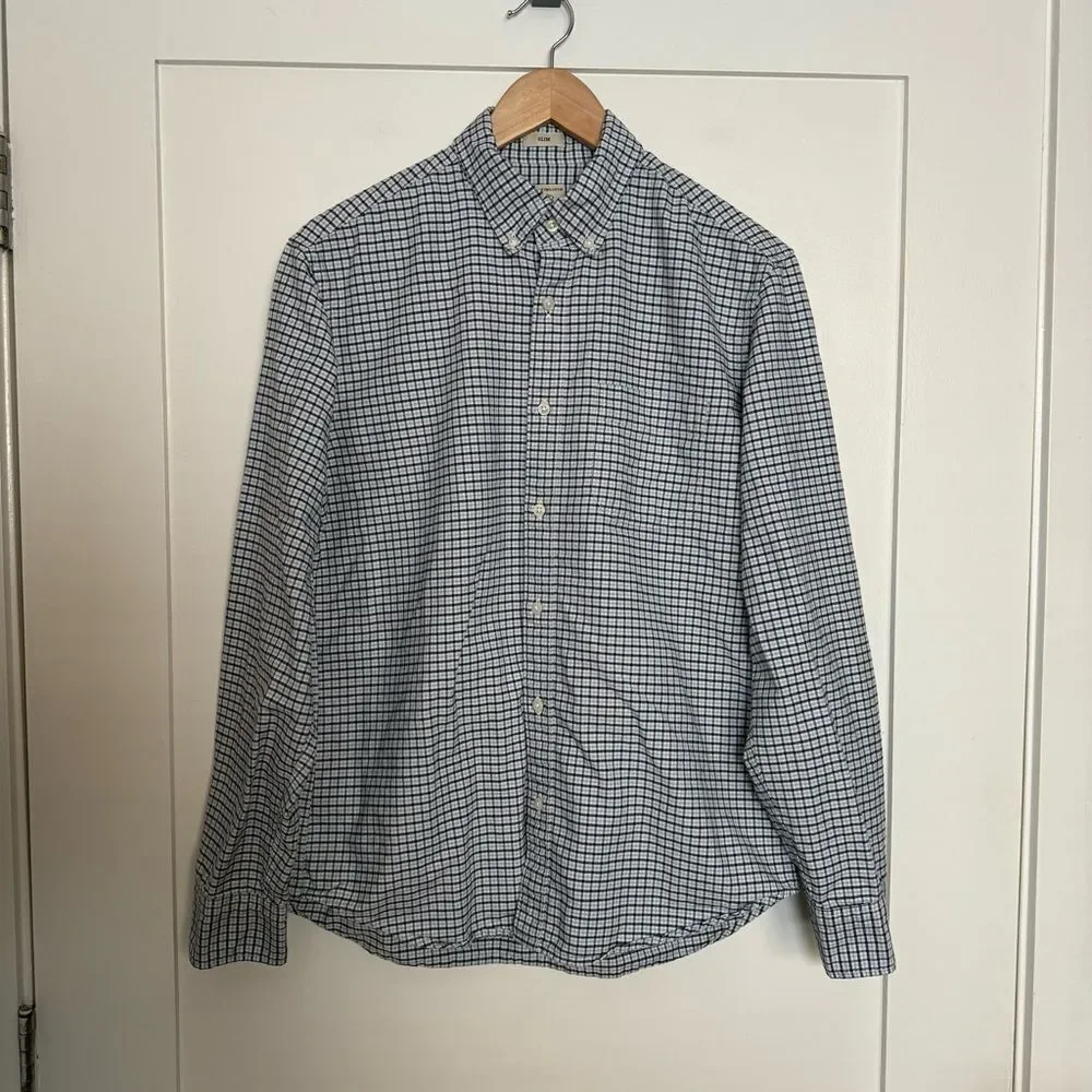 J Crew Oxford Shirt Mens Sz M Gingham Slim Fit 100% Cotton Preppy Office Career